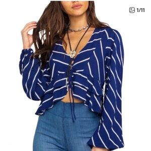 FREE PEOPLE Samifran Crop Flowy Blouse Blue White Stripe Button Tie Size M